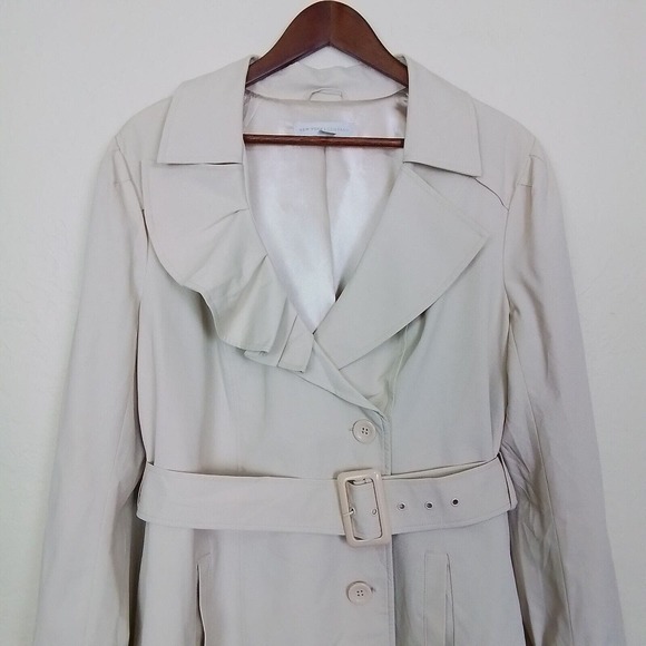 New York & Company Beige Ruffle Notch Collar 4 Button Belted Trench Coat XL - Picture 5 of 16